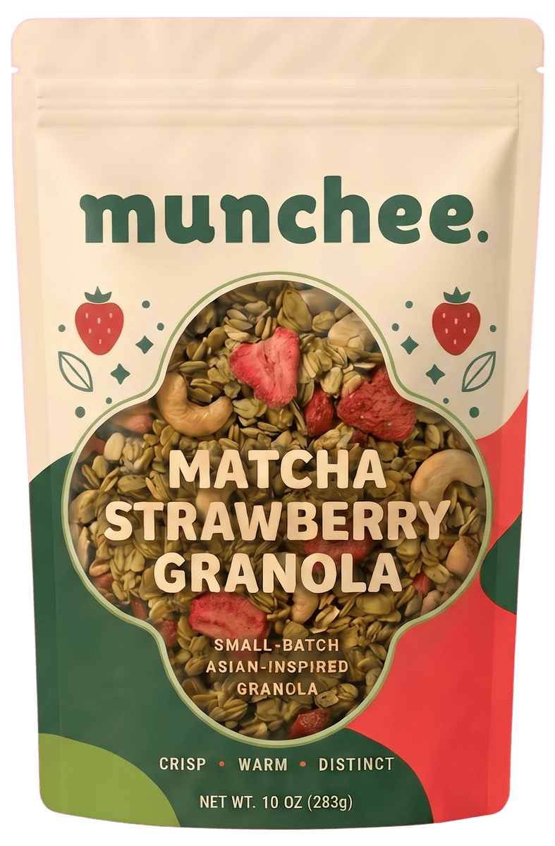 matcha strawberry granola, packaging pouch